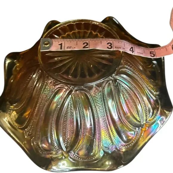 Vintage 70s Amber Marigold Carnival Glass Bowl Herringbone Ruffled Edge - Picture 8 of 8